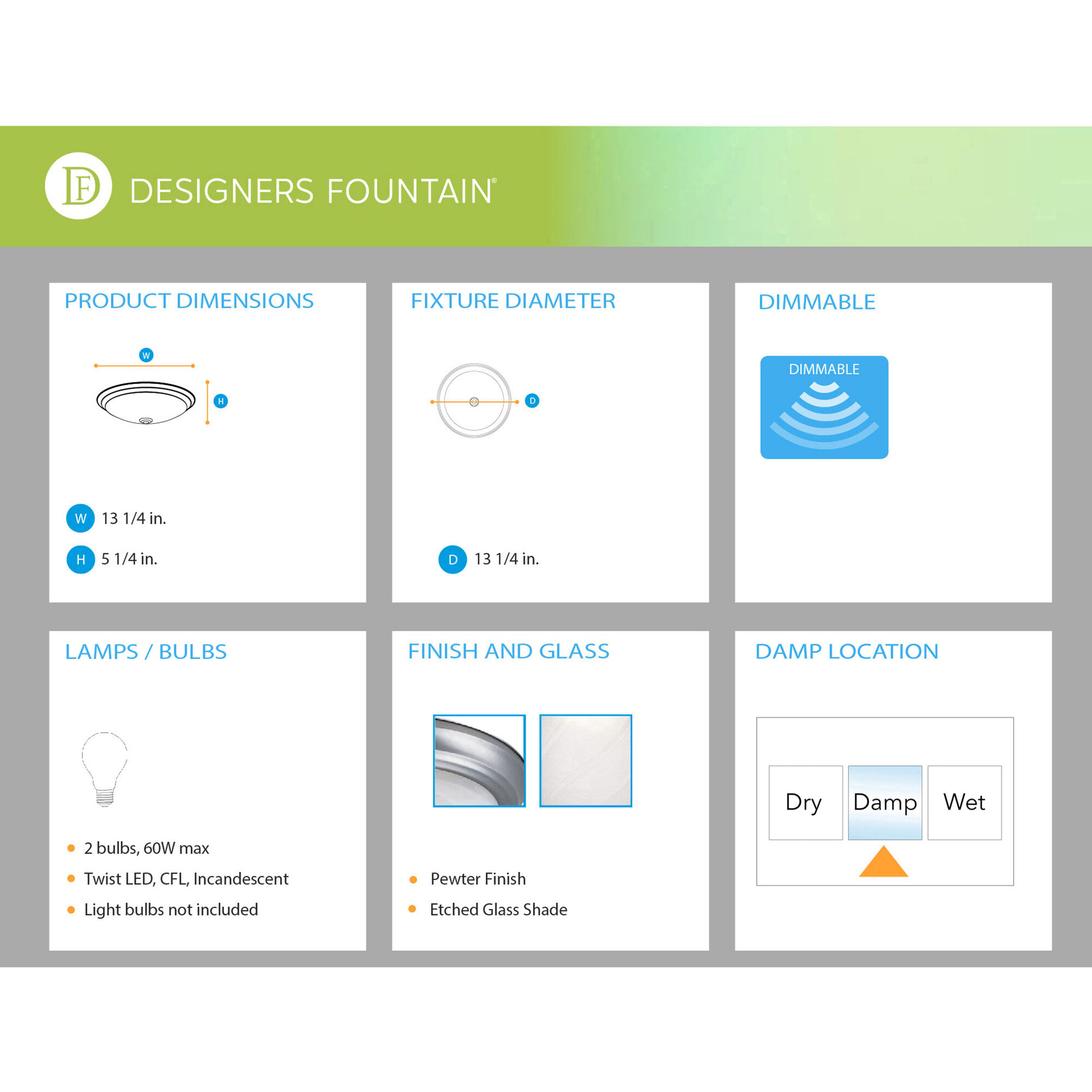 Decorative 2 Light 13 inch Pewter Flushmount Ceiling Light in Etched, Medium